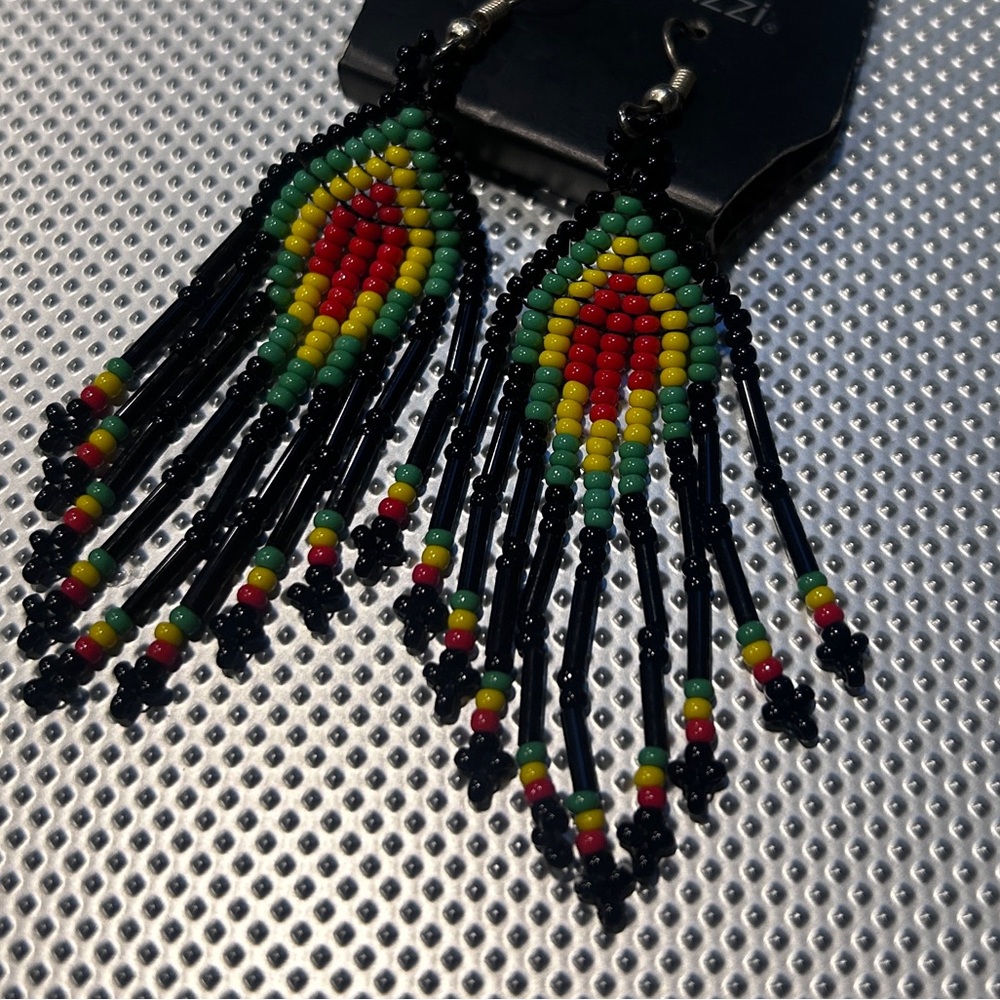 Rasta Red Green Yellow Beaded Fringe Earrings